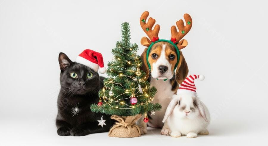 Gato preto cachorro beagle coelho branco com chapéus de Natal e árvore decorada