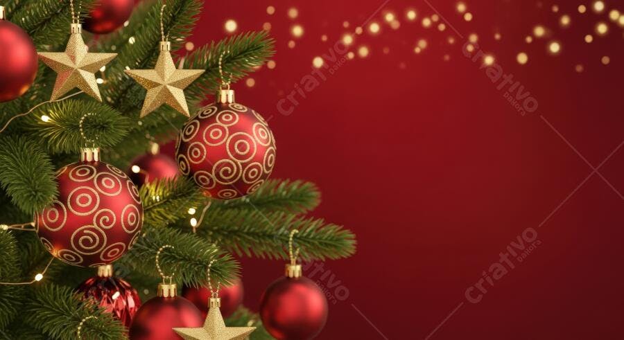 Árvore de Natal com globos vermelhos estrelas douradas e fundo vermelho bokeh festivo