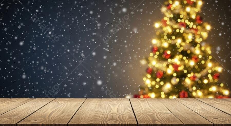 Mesa de madeira festiva com árvore de Natal iluminada e neve