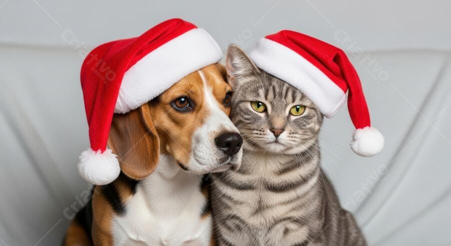 Cachorro beagle e gato tabby usando chapéus de Papai Noel para o Natal