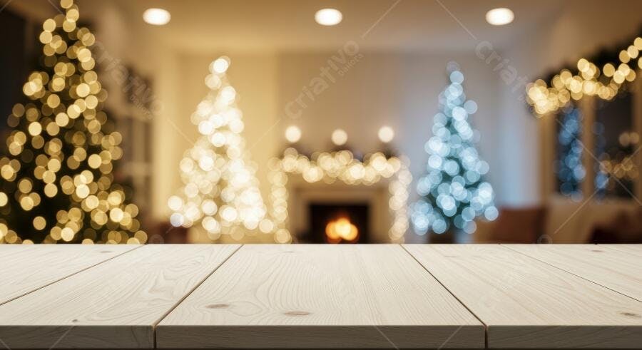 Mesa de madeira clara com fundo desfocado de Natal luzes douradas e azuis lareira acesa