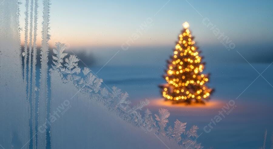 Janela congelada com pinheiro de Natal brilhante e céu azul ao entardecer de inverno