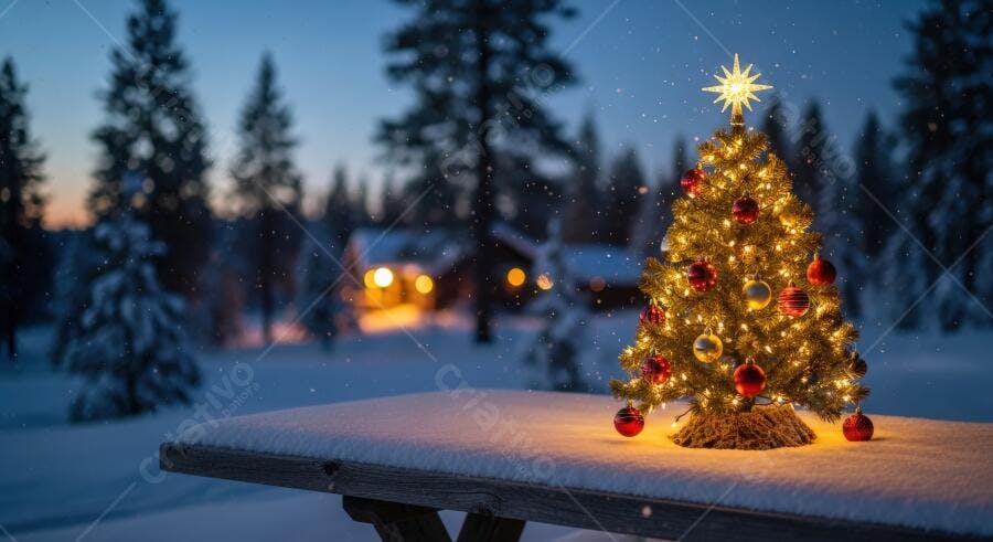 Árvore de Natal iluminada com enfeites vermelhos e dourados na neve ao ar livre