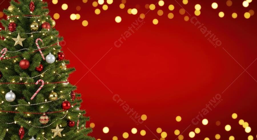 Árvore de Natal decorada com fundo vermelho e luzes douradas de feriado