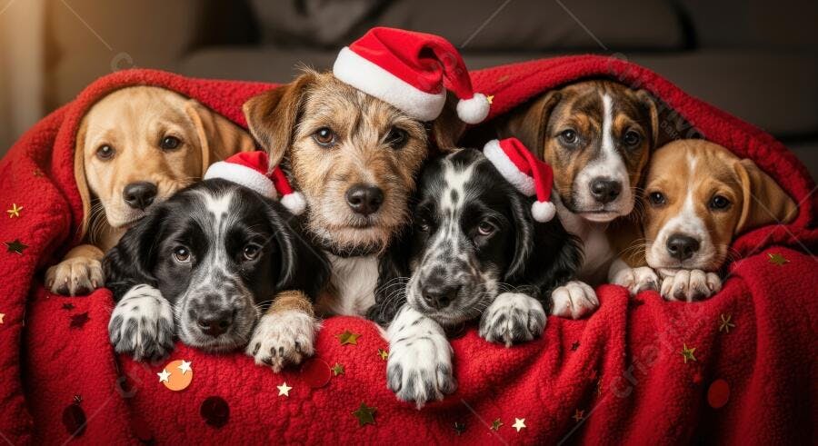 Filhotes de cachorro fofos com chapéus de Natal em cobertor vermelho festivo