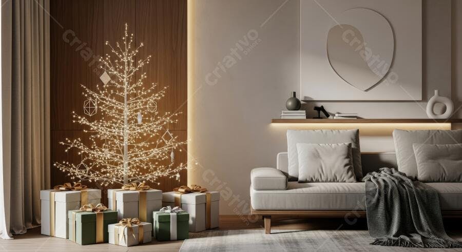 Árvore de Natal moderna iluminada e presentes dourados na sala de estar