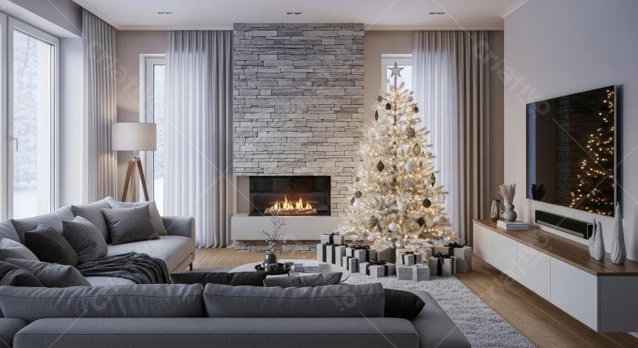 Sala de estar moderna com árvore de Natal branca e lareira acesa no inverno