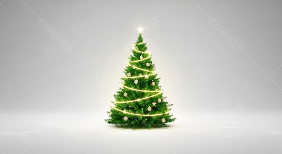 Árvore de Natal verde decorada com luzes e enfeites em fundo branco