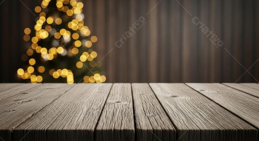 Mesa de madeira rústica com fundo de árvore de Natal iluminada bokeh