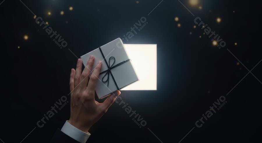 Mão em traje formal abrindo caixa de presente branca com fita preta revelando luz mágica