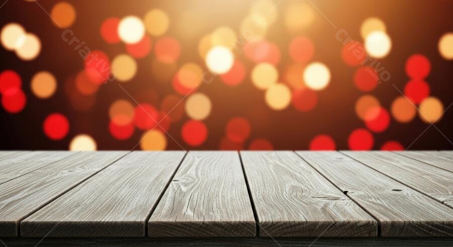 Mesa de madeira rústica com luzes bokeh vermelhas e douradas ao fundo