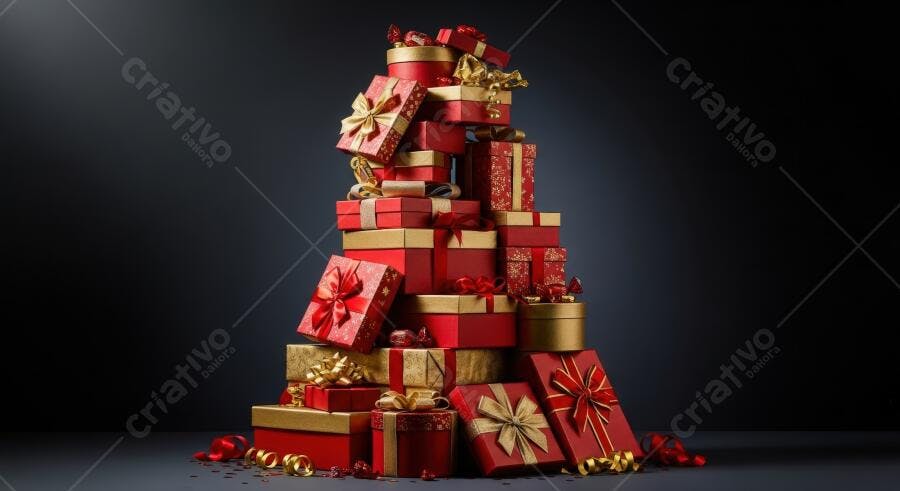 Pilha de presentes vermelhos e dourados com laços para celebração festiva