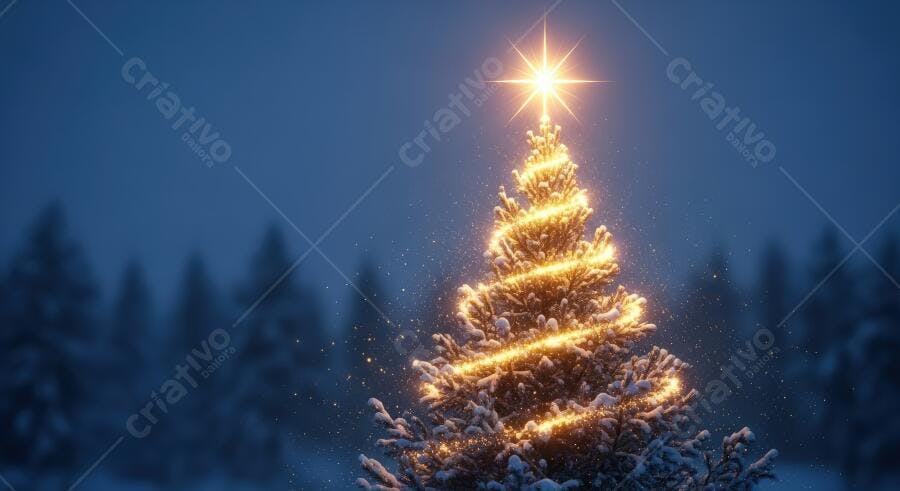 Árvore de Natal na floresta nevada com luzes douradas e estrela brilhante à noite