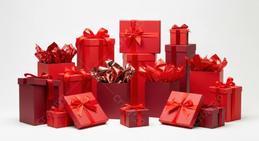 Pilha de caixas de presente vermelhas para celebração em fundo branco