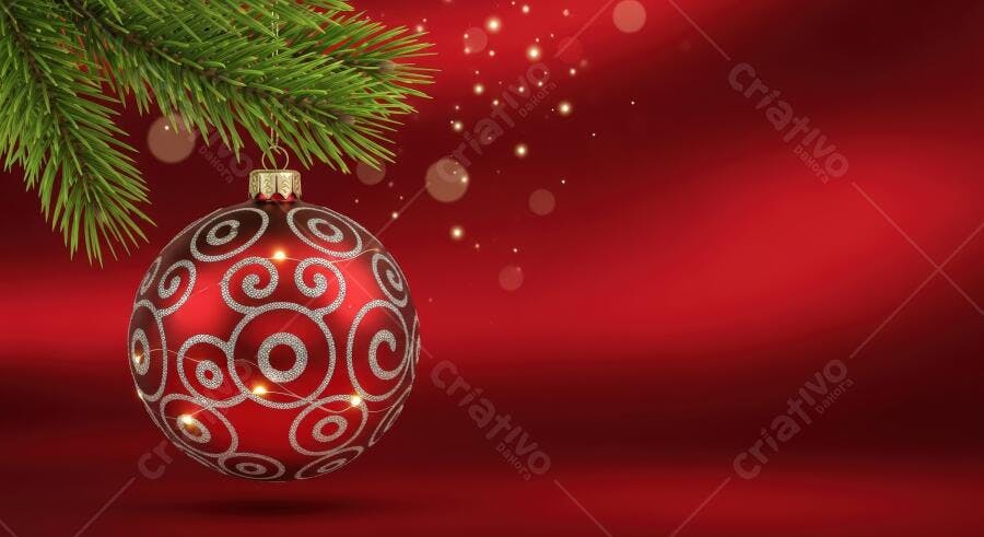 Bola de Natal vermelha brilhante em galho de pinheiro fundo festivo