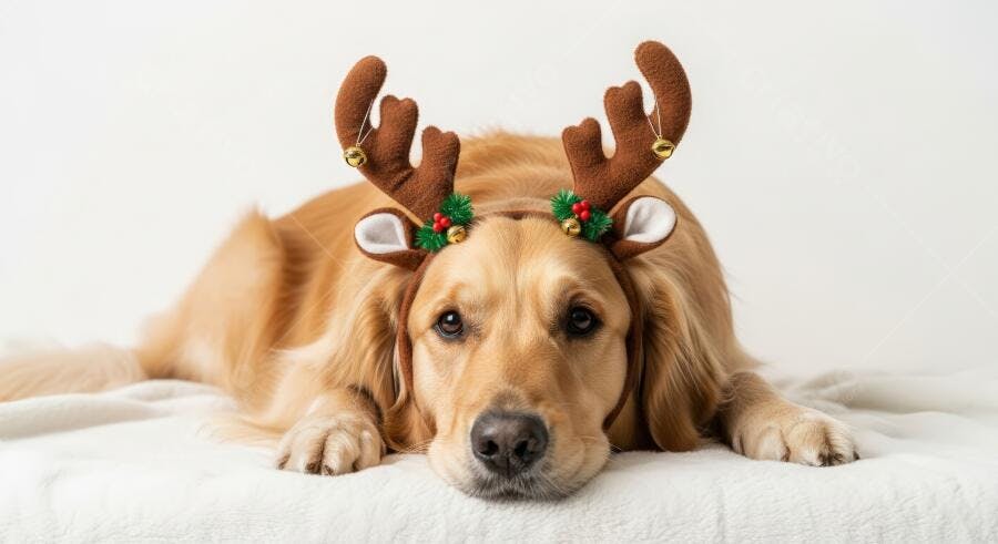 Cachorro Golden Retriever com tiara de rena para o Natal deitado em cobertor branco