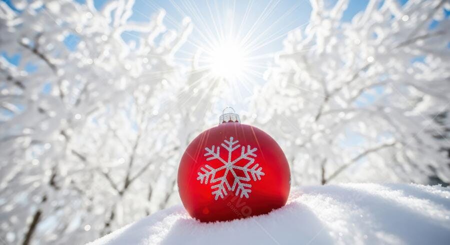 Bola de Natal vermelha com floco de neve na neve sob sol de inverno
