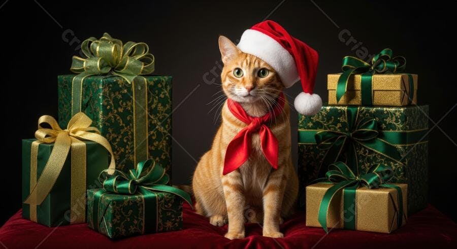 Gato laranja com chapéu de Papai Noel e cachecol vermelho entre presentes de Natal