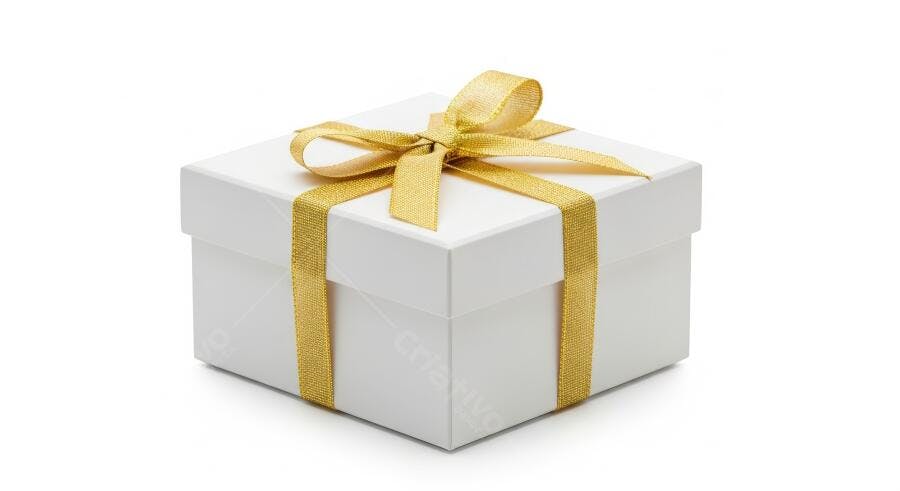 Caixa de presente branca com fita laço dourado em fundo branco