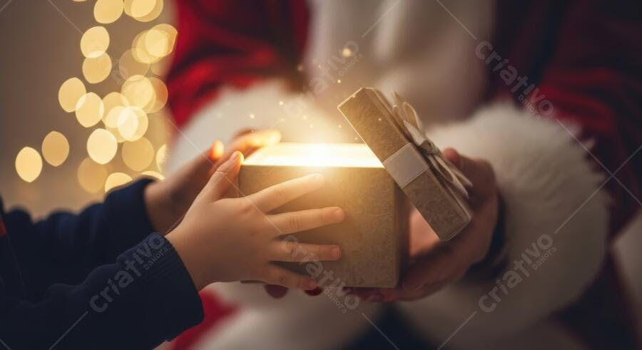 Criança e Papai Noel abrindo caixa de presente brilhante no Natal