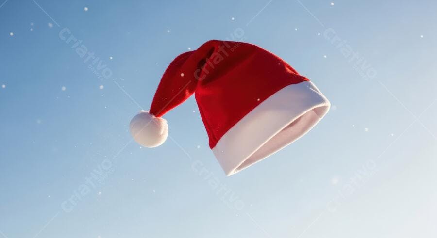 Touca de Papai Noel vermelha e branca flutuando no céu azul com neve