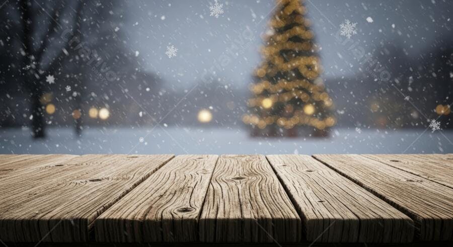 Mesa de madeira marrom com fundo de Natal nevado e árvore dourada iluminada