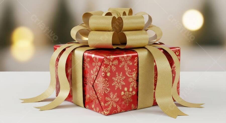 Caixa de presente vermelha com laço dourado e flocos de neve para o Natal