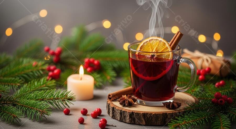 Caneca de vinho quente com laranja e especiarias em cenário natalino aconchegante