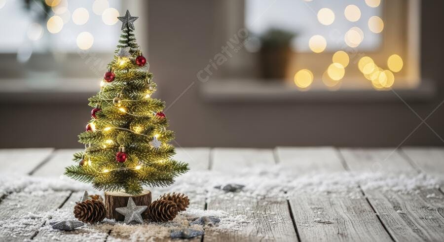 Árvore de Natal pequena com luzes e neve em mesa rústica de madeira