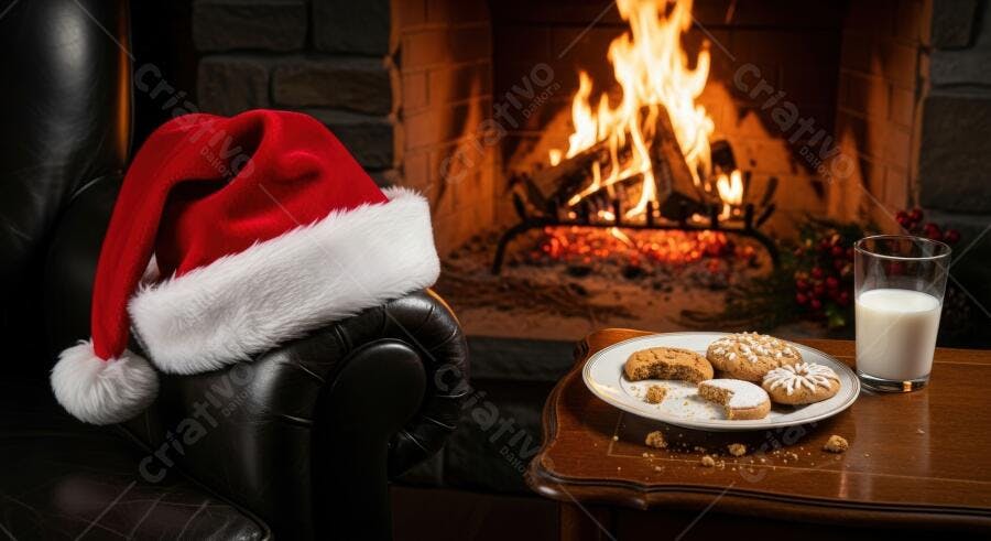 Chapéu de Papai Noel biscoitos e leite junto à lareira acesa no Natal