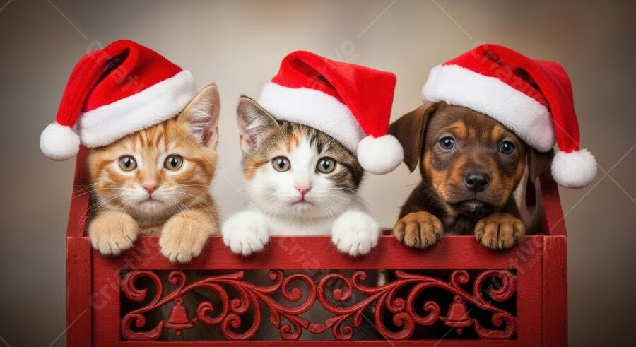 Filhotes gatinhos e cachorrinho com gorros de Papai Noel em caixa vermelha Natal