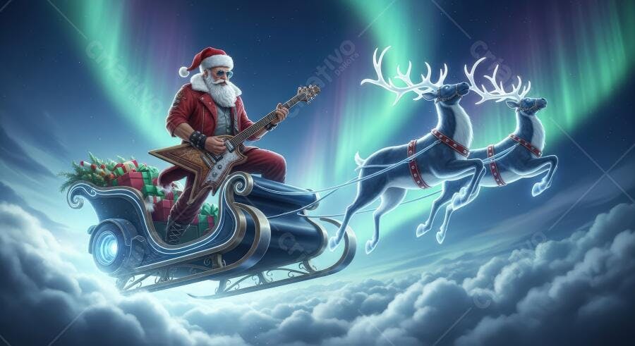 Papai Noel rockstar tocando guitarra em trenó voador com renas e aurora boreal