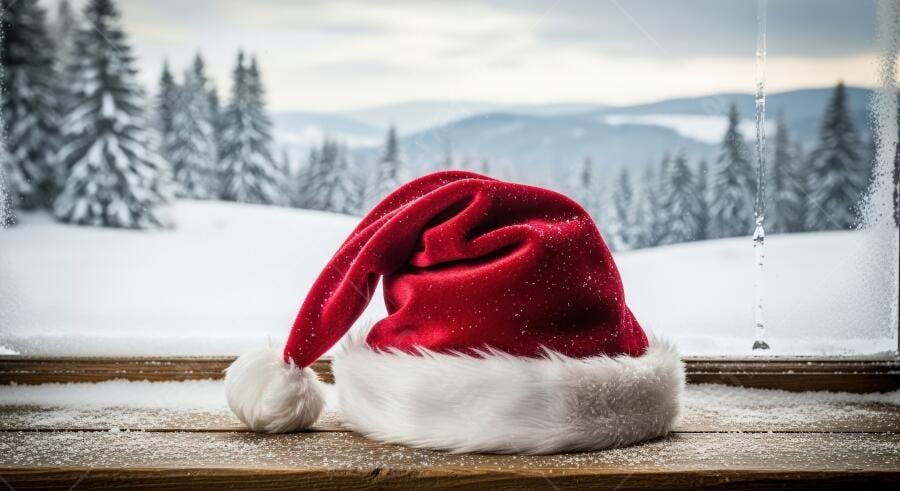Gorro de Papai Noel vermelho em janela com neve e paisagem de inverno