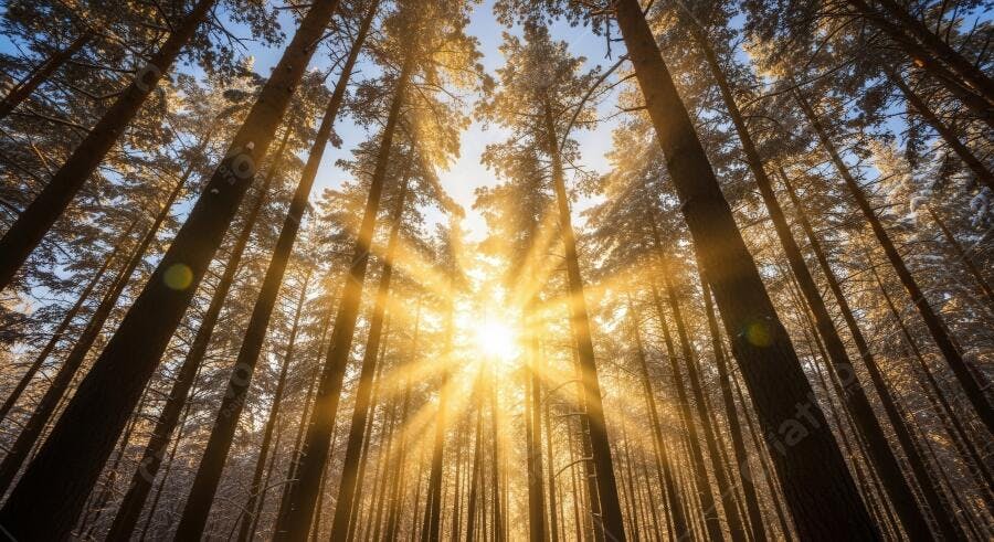Floresta de pinheiros nevada com sol brilhando entre as árvores