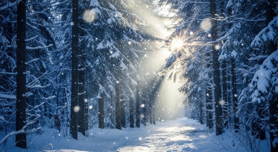 Floresta de pinheiros nevada com raios de sol e neve caindo no inverno