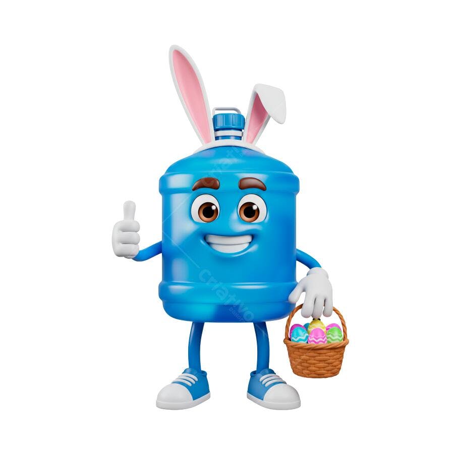 Ilustração 3D Mascote Páscoa Garrafão Água Azul Ovos Coelhinho PNG com fundo transparente