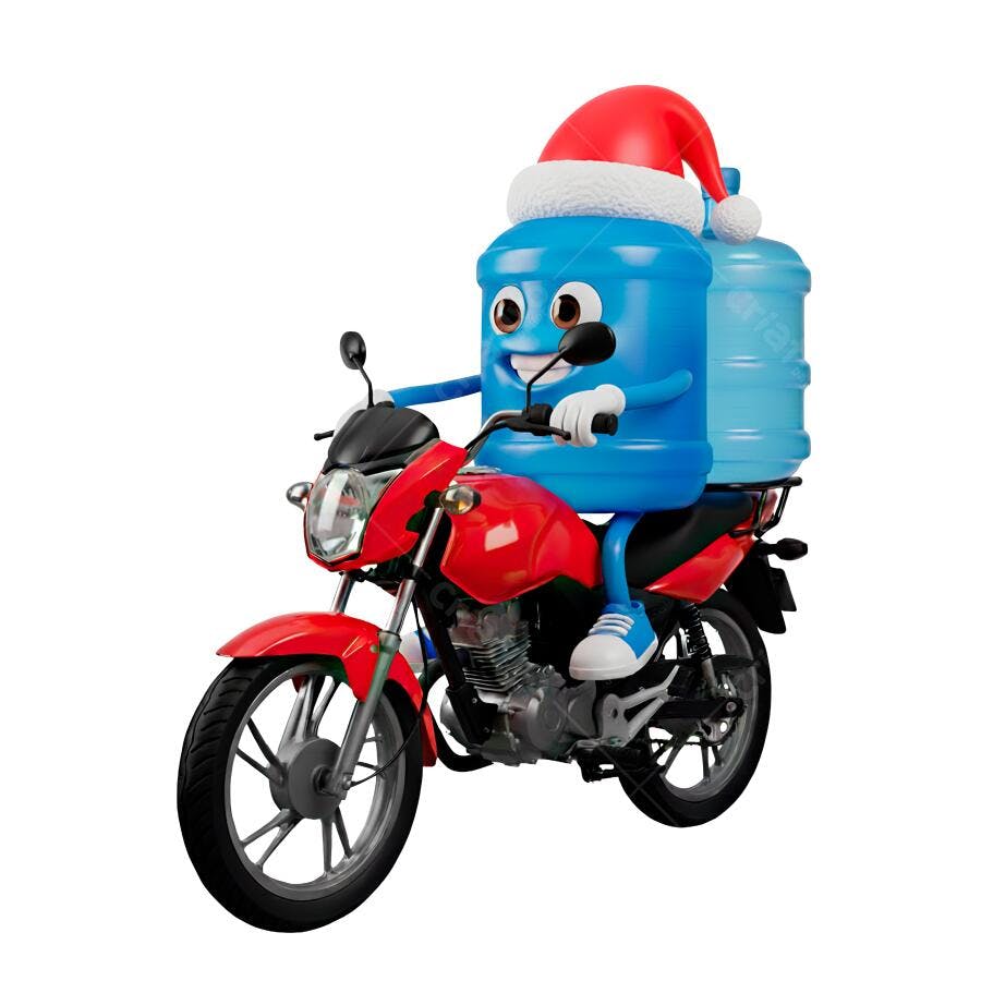 Mascote 3D Garrafão de Água Natal entrega em motocicleta vermelha PNG com fundo transparente