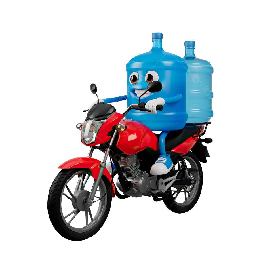Mascote de Garrafão de Água Azul em Moto Vermelha Entrega Rápida PNG com fundo transparente