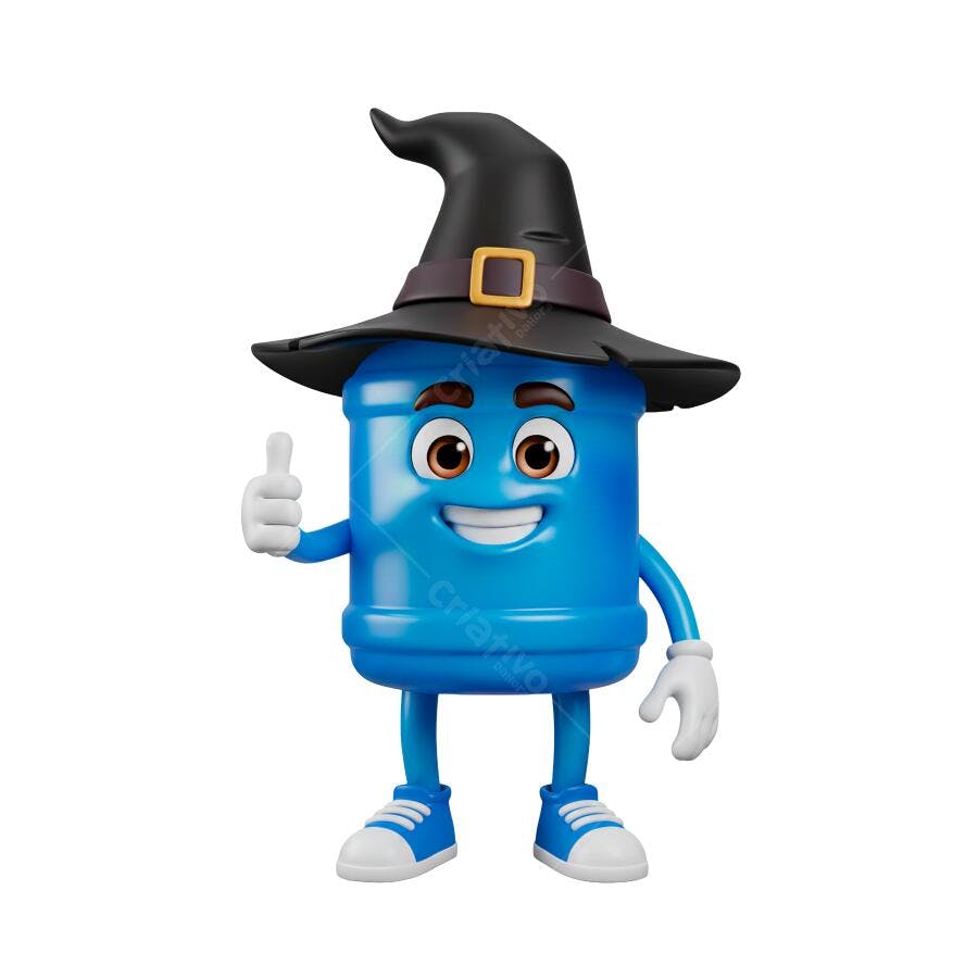 Personagem garrafão azul bruxa Halloween polegar para cima PNG com fundo transparente