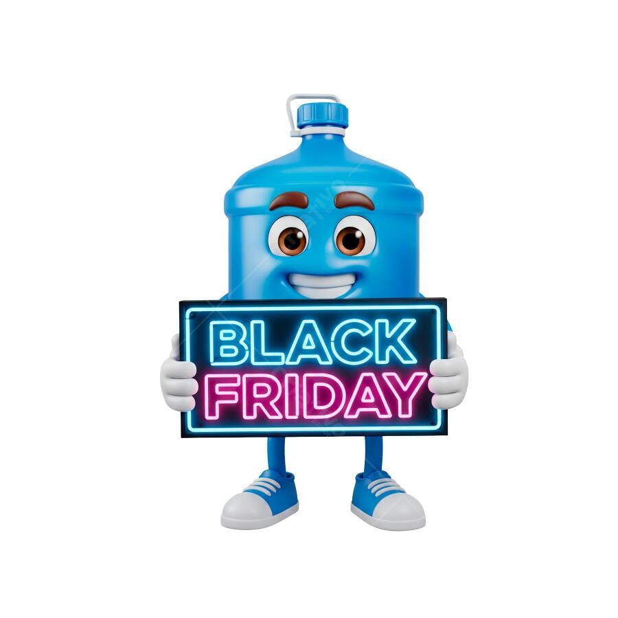 Mascote 3D Galão de Água Black Friday com Placa Neon Azul PNG com fundo transparente