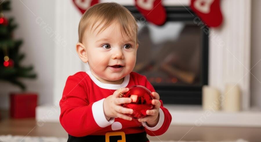Bebê sorridente vestido de Papai Noel com enfeite de Natal