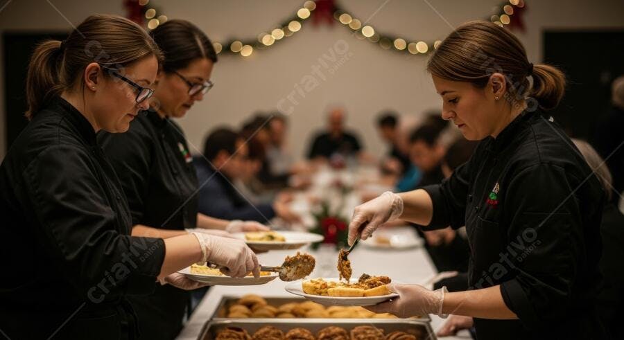 Cozinheiras servindo refeição festiva em banquete noturno