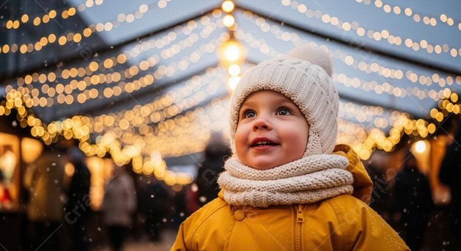 Bebê caucasiano sorrindo com casaco amarelo e touca branca sob luzes festivas de inverno