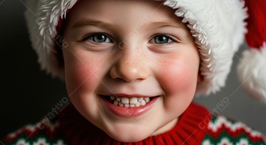 Menino alegre com gorro de Papai Noel e suéter natalino sorrindo