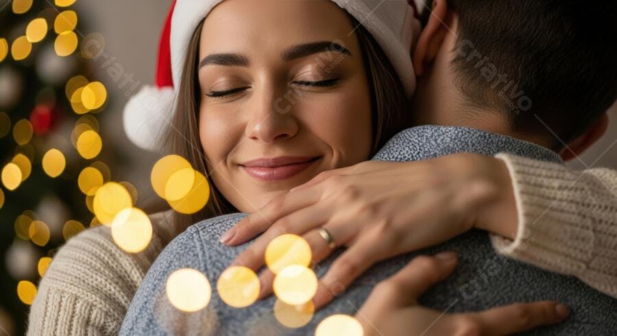 Mulher de gorro de Papai Noel abraçando homem com luzes de Natal
