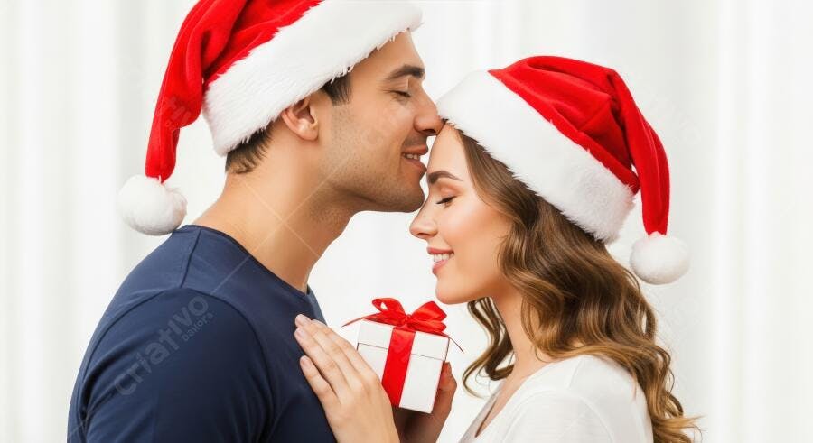 Casal feliz com chapéus de Papai Noel trocando carinho e presente de Natal