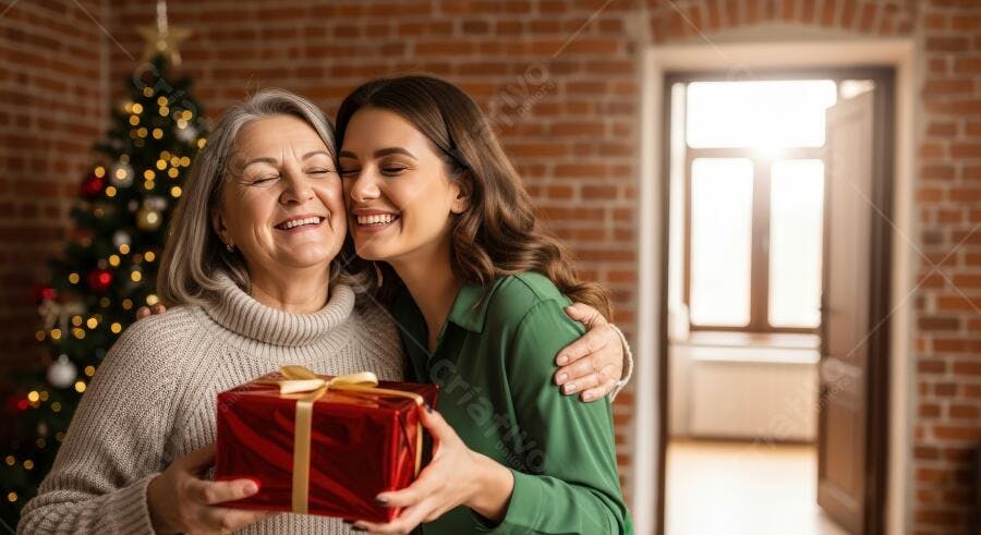 Mãe e filha felizes trocando presente de Natal em casa