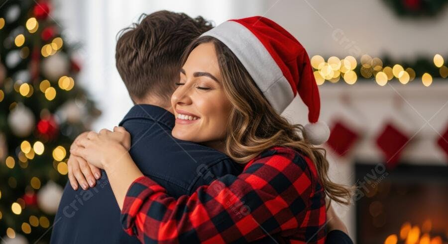 Mulher feliz de gorro vermelho abraçando homem em festa natalina com árvore iluminada