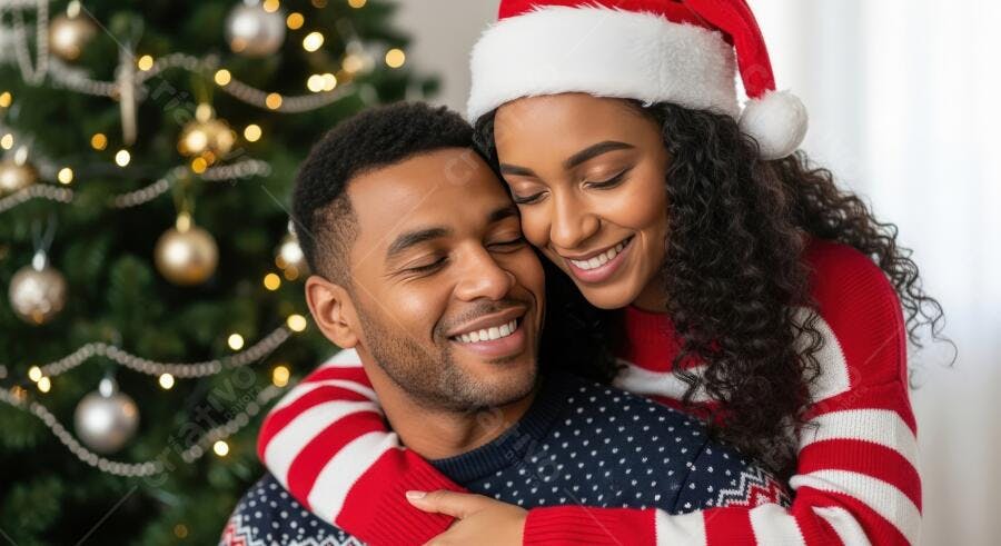 Casal negro feliz abraçando-se em suéteres natalinos perto da árvore de Natal
