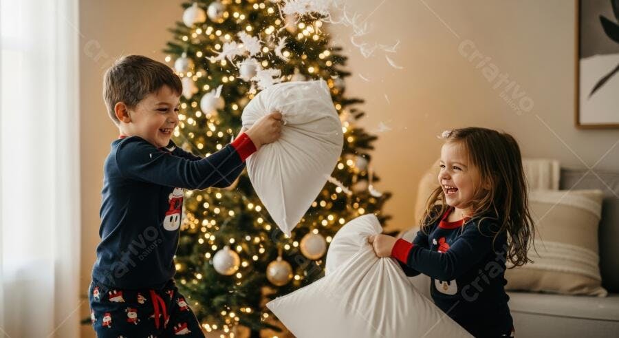 Crianças felizes em guerra de travesseiros com penas voando na frente da árvore de Natal